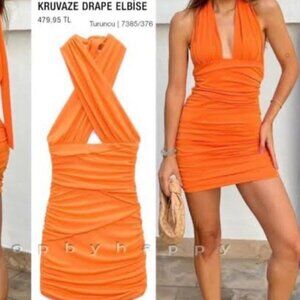 🦋 NWT 🌸 ZARA HALTER MINI BRIGHT ORANGE COCKTAIL PARTY NYE DRESS